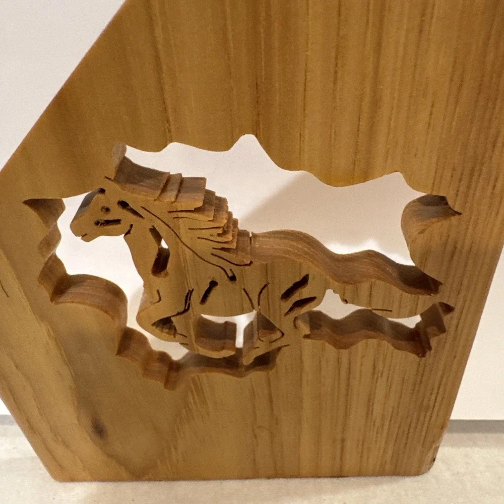 Vintage Carved Wood Napkin Holders Galloping Horse Light Oak Cabin Mountain West